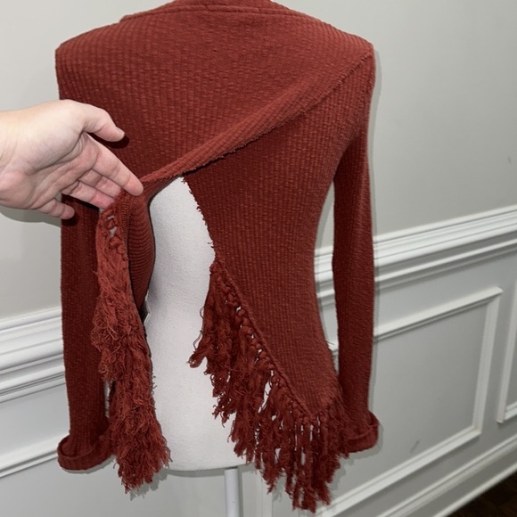 Anthropologie Eri+Ali Scoop Neck Burnt Orange Cuffed Sleeves Fringe Sweater sz S - Picture 4 of 7